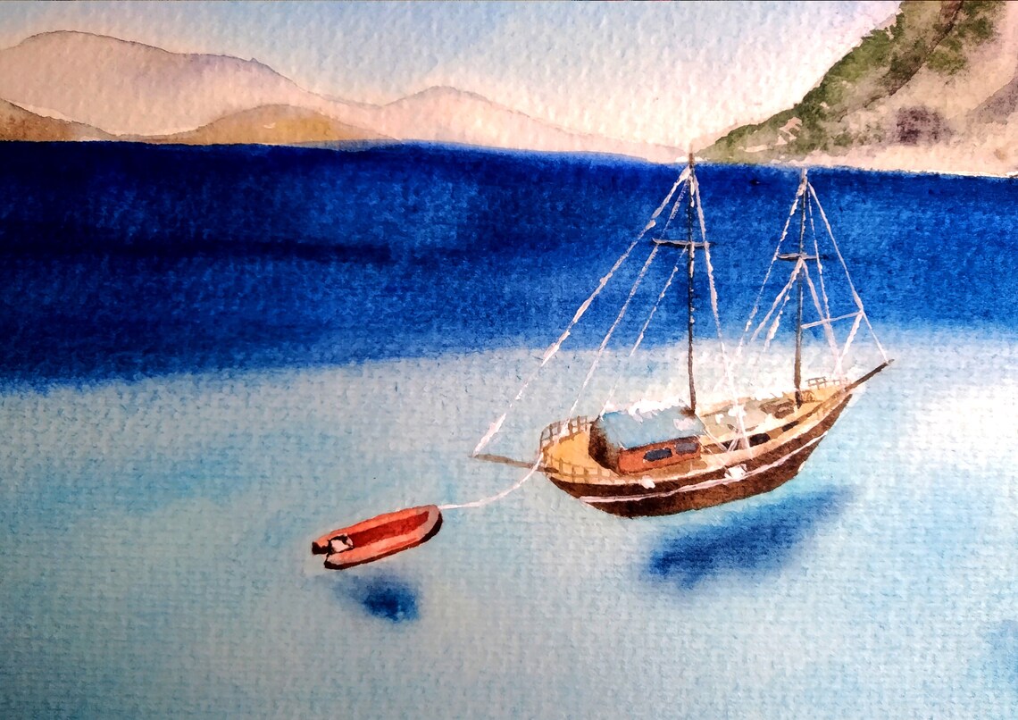 Sailboat by Rocky Island Watercolor Deep Blue Ocean Voyage Poster - Image 2