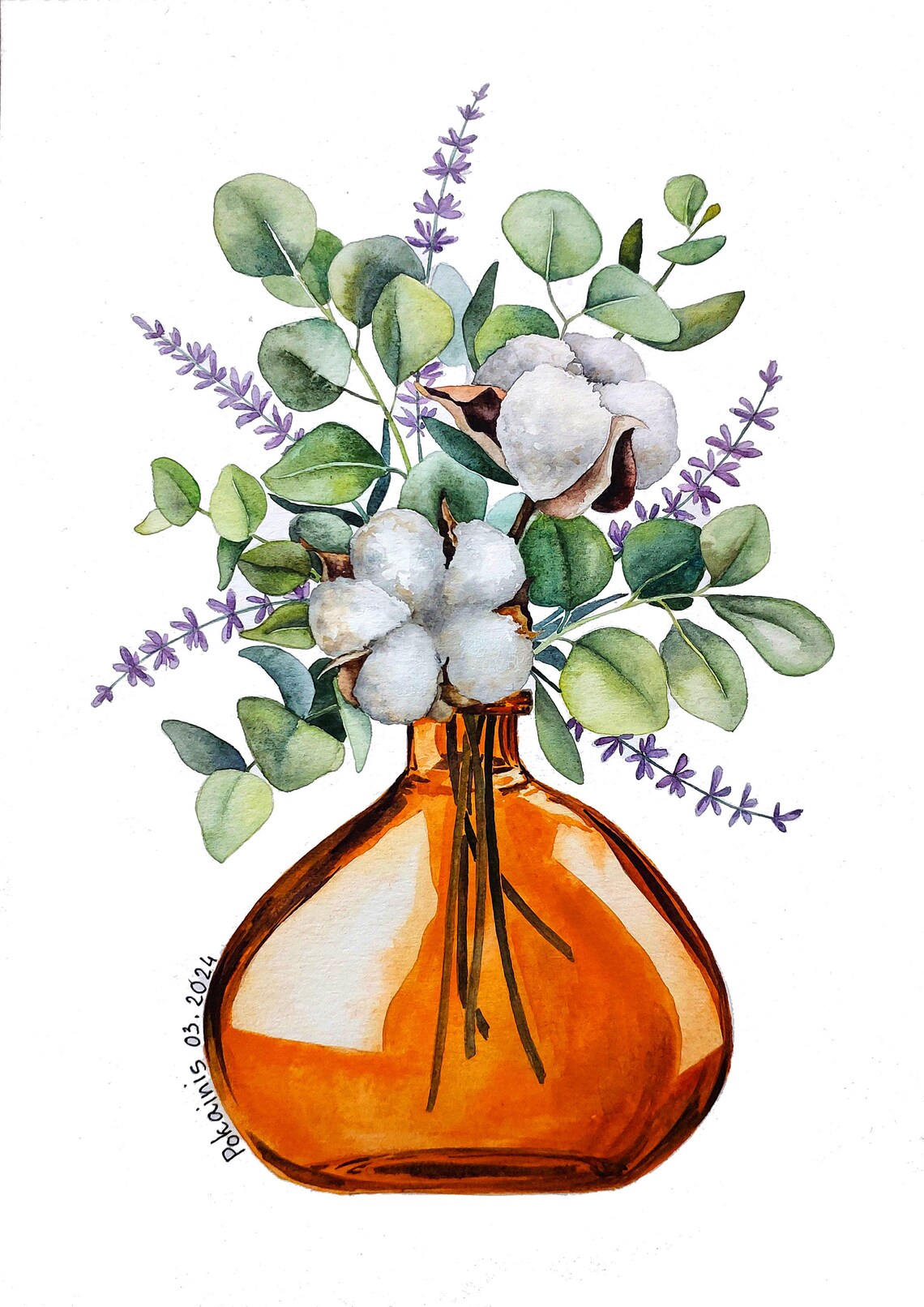 Cotton Eucalyptus Lavender Bouquet in Amber Vase Watercolor Poster