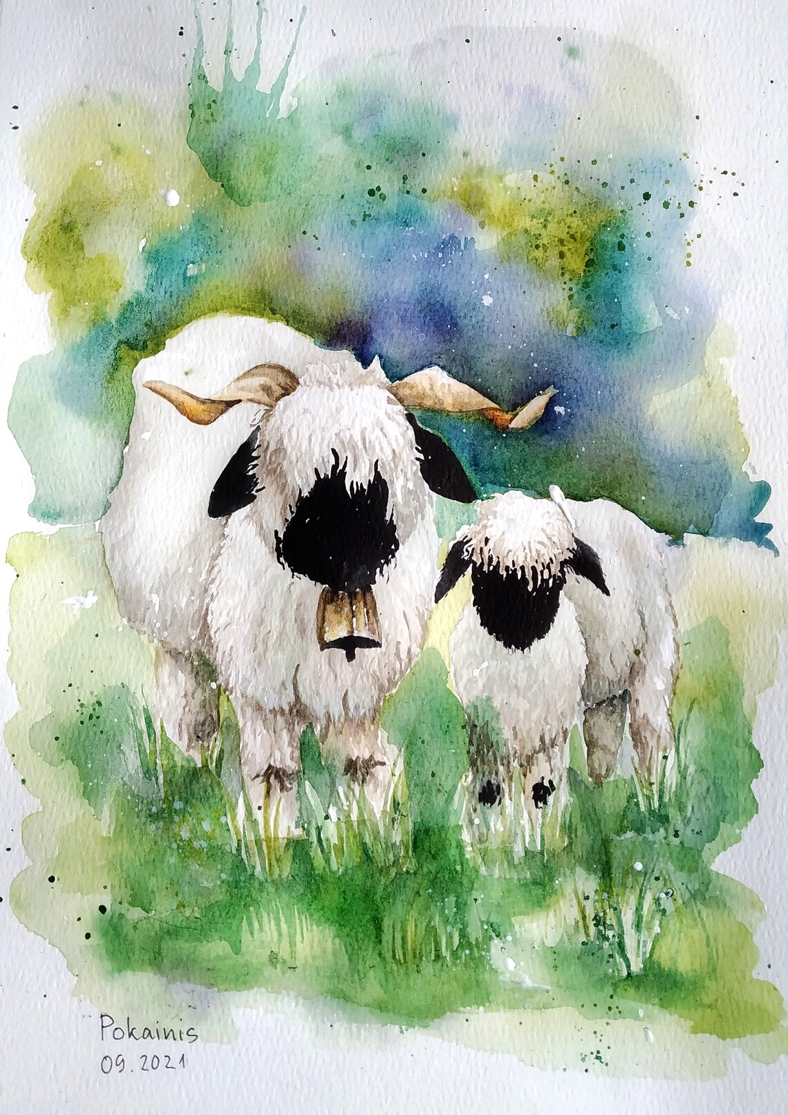 Black Faced Sheep and Her Woolly Lamb in Meadow Watercolor Poster