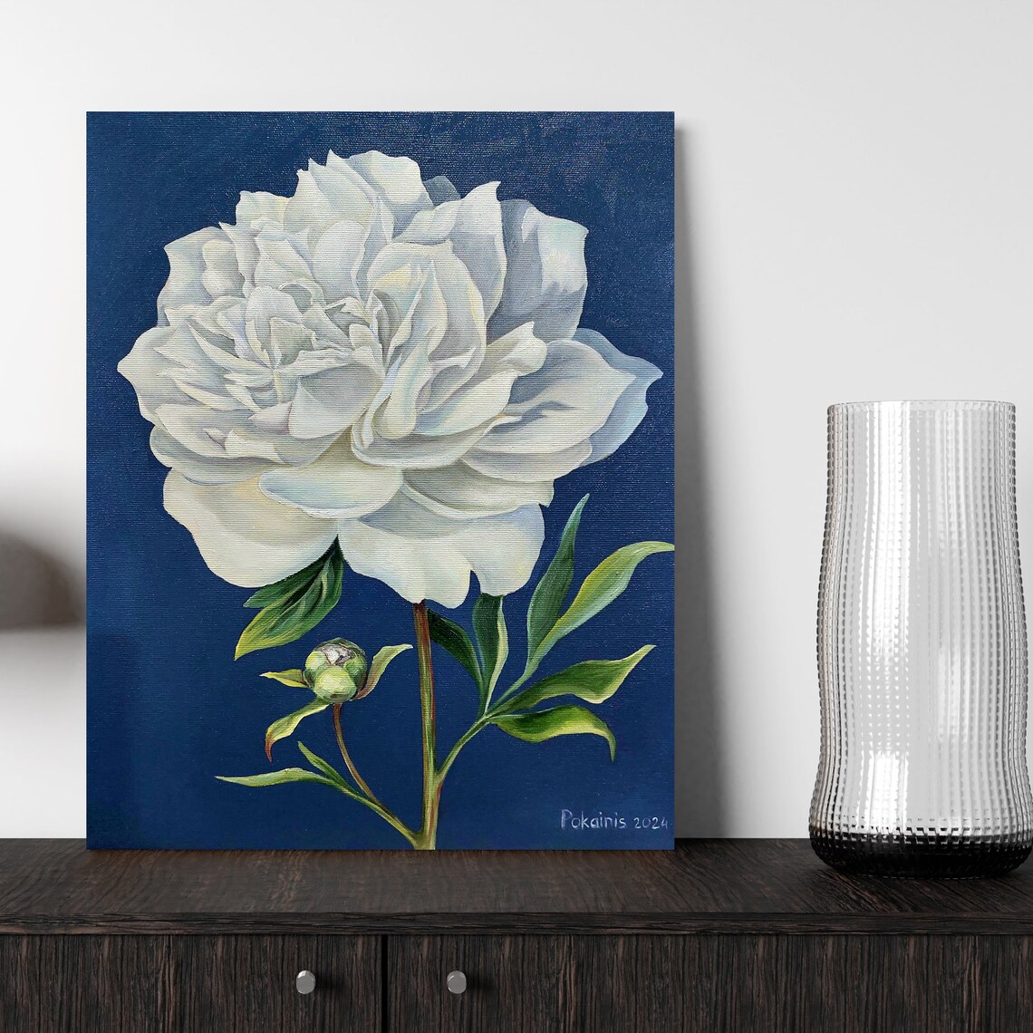 White Peony Oil Painting Poster With Bud On Deep Navy Background - Image 3