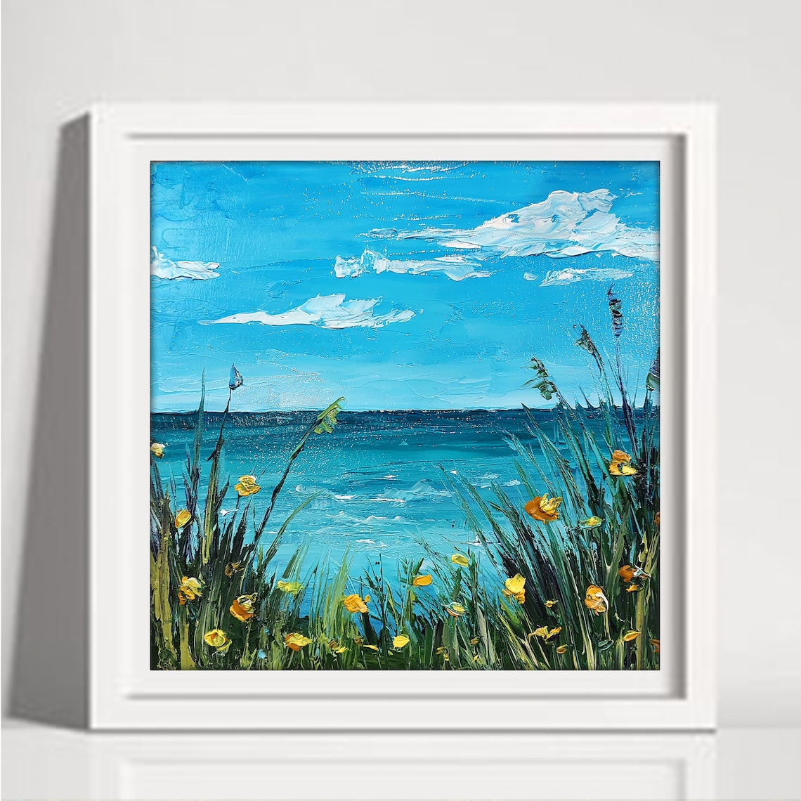 Ocean View Coastal Grass Yellow Poppies Bold Impasto Oil Poster - Image 2