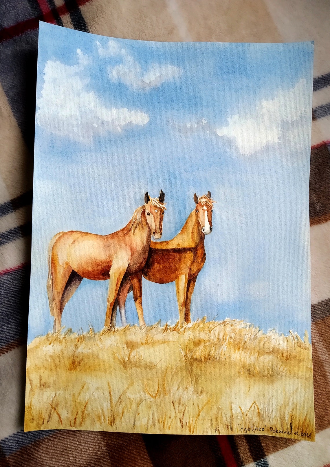 Two Chestnut Horses on a Golden Hill Watercolor Equine Art Poster - Image 2