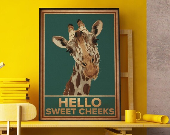 Giraffe Hello Sweet Cheeks Funny Vintage Retro Bathroom Wall Poster