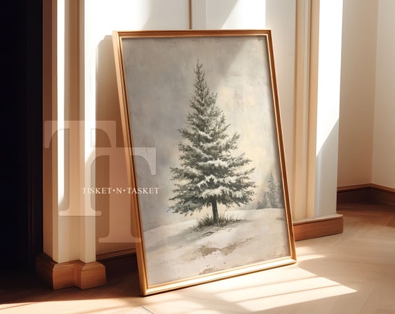 Snowy Spruce Tree Minimalist Winter Cabin Painting Art Print