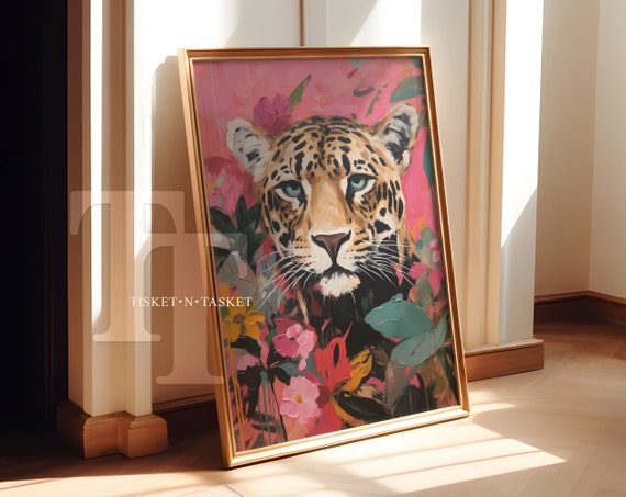 Pink Leopard Painting, Animal Wall Art Print