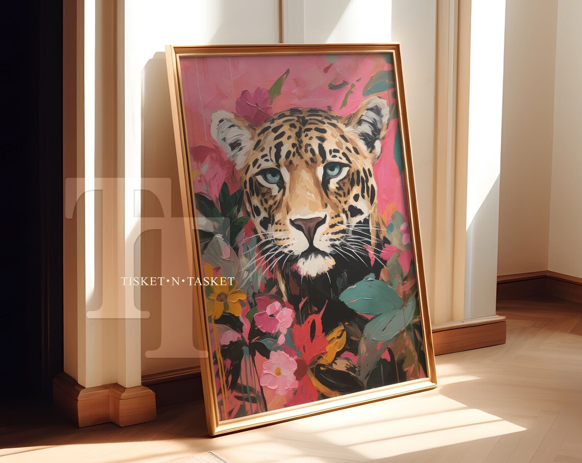 Pink Leopard Painting, Animal Wall Art Print