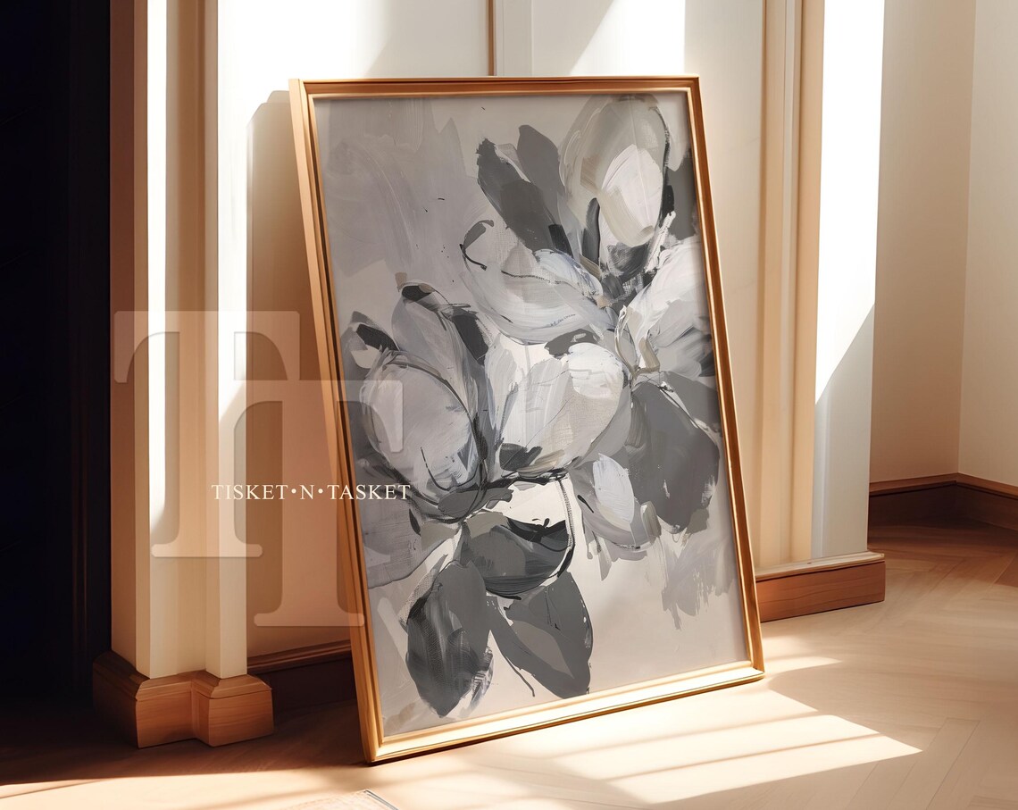 Grey Abstract Flowers Painting Monochrome Floral Modern Neutral Wall Art