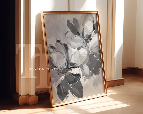 Grey Abstract Flowers Painting Monochrome Floral Modern Neutral Wall Art
