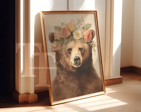 Brown Bear Portrait Wearing A Flower Crown Vintage Style Drawing Vertical Wall Art