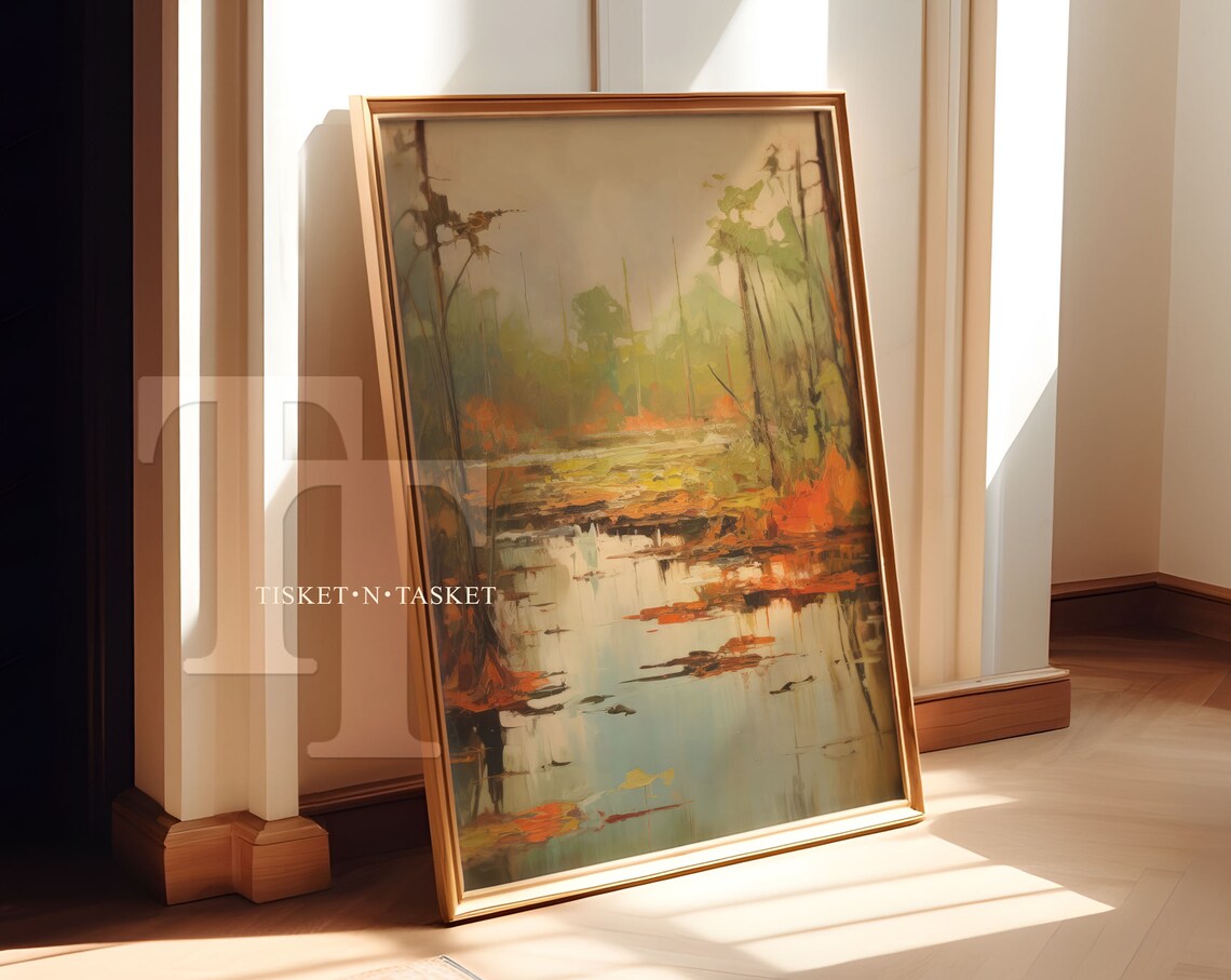 Autumn Wetland Landscape Painting Orange Red Green Vertical Wall Art