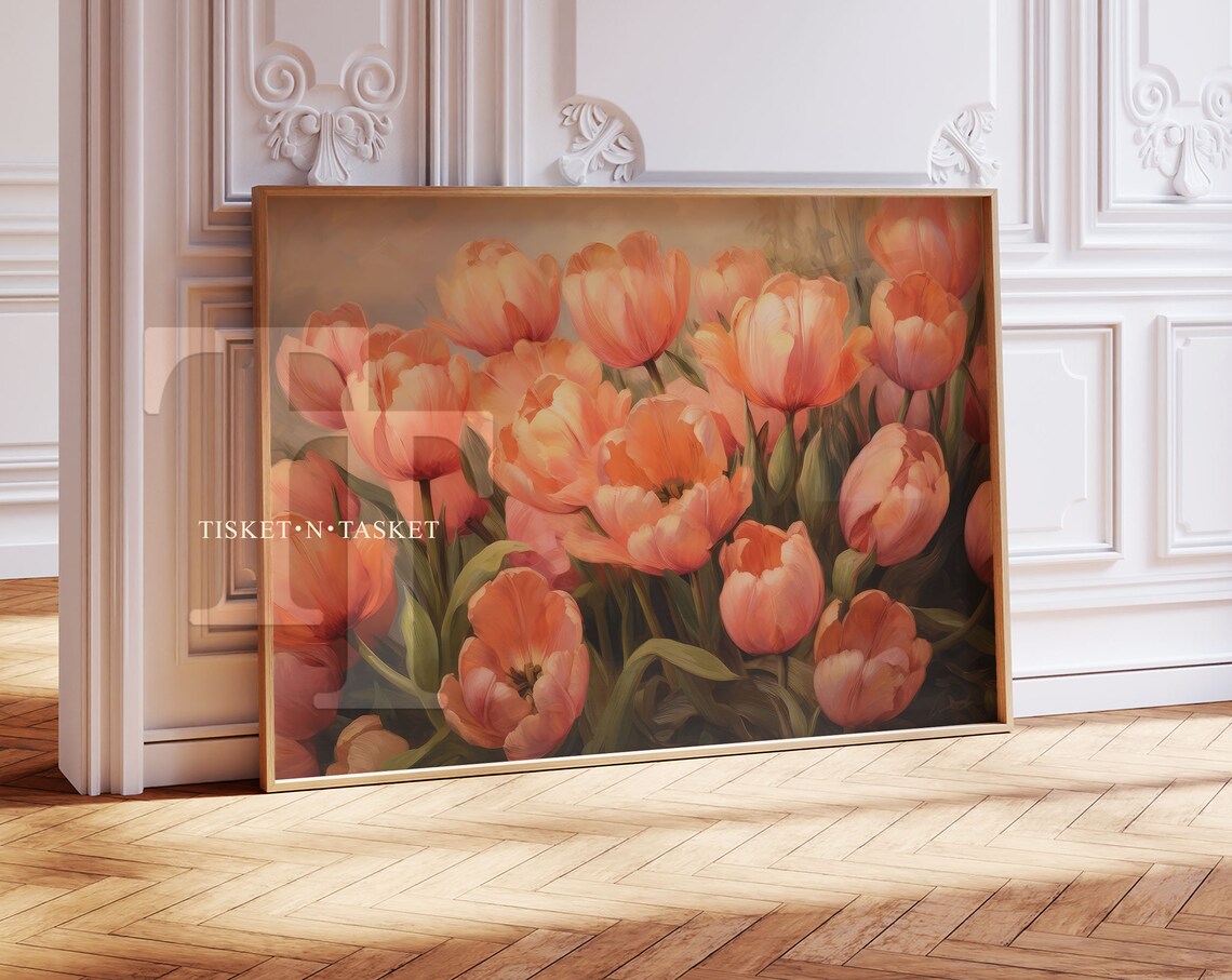 Pink Tulips Bloom Vintage Style Floral Oil Painting Art Print