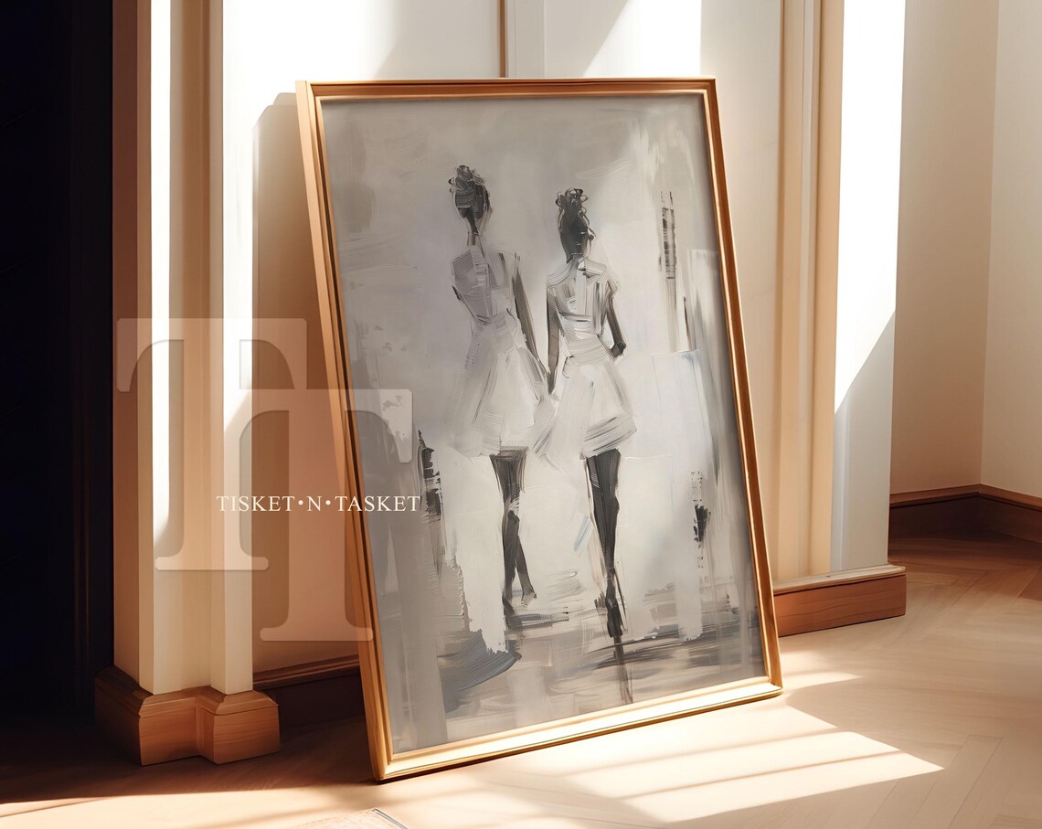 Two Women In Dresses Neutral Fashion Painting High Style Wall Art