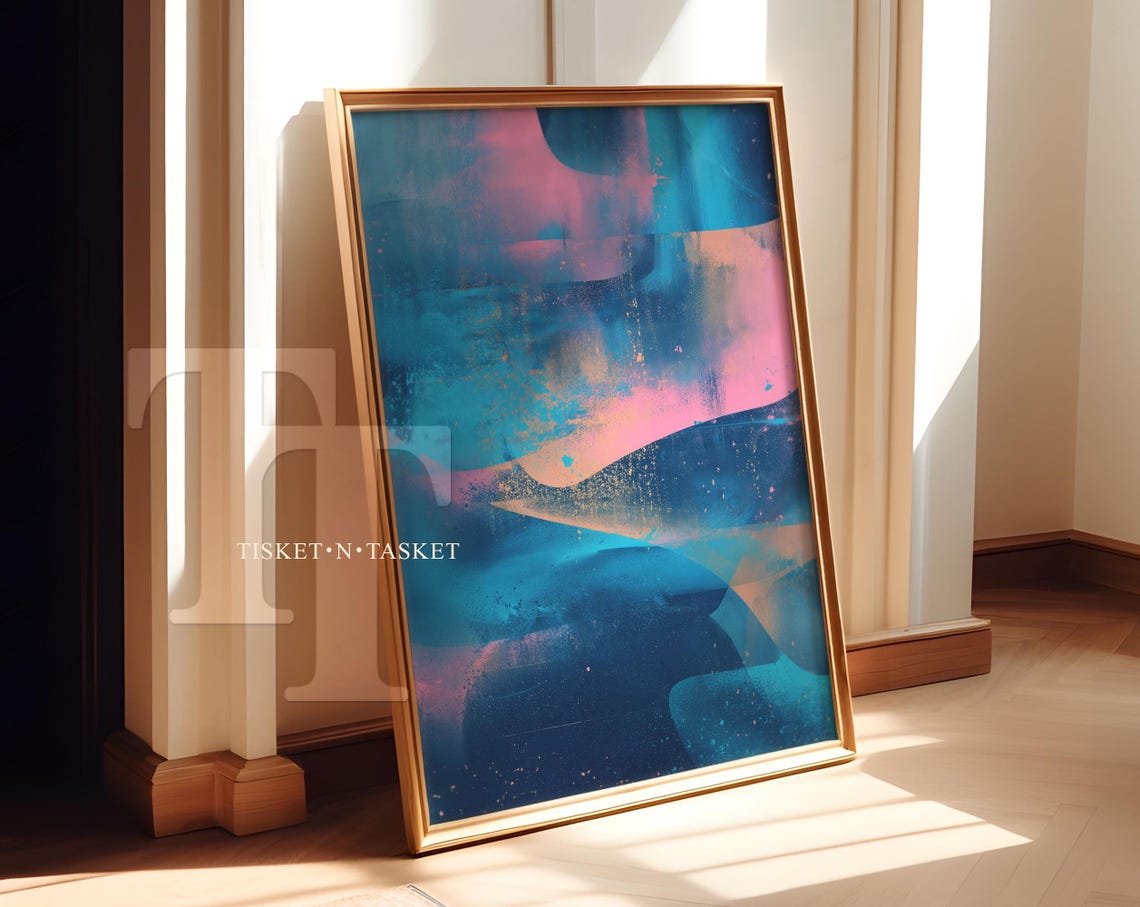 Bright Blue Pink Abstract Celestial Spray Paint Print Wall Art