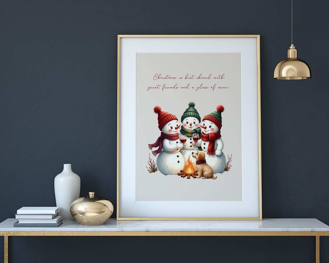 Snowmen Friends Wine Glasses Puppy Campfire Cute Christmas Poster - Image 3