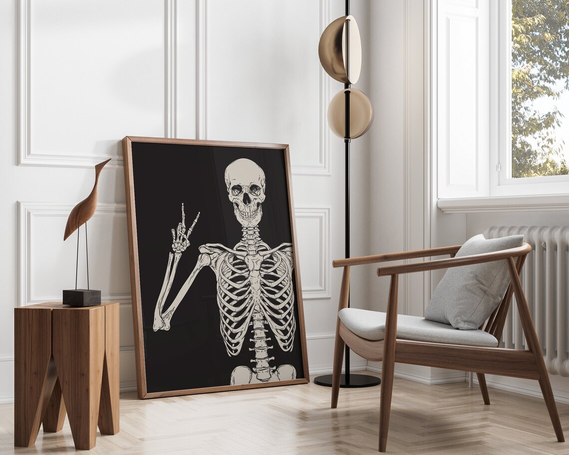 Funny Halloween Skeleton Peace Sign Art Print - Image 3