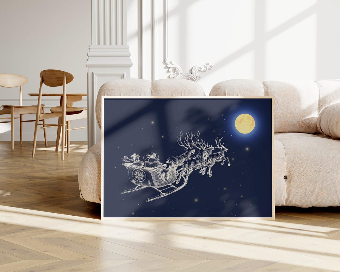Santa Sleigh Reindeer Night Sky Line Art Vintage Christmas Poster - Image 3