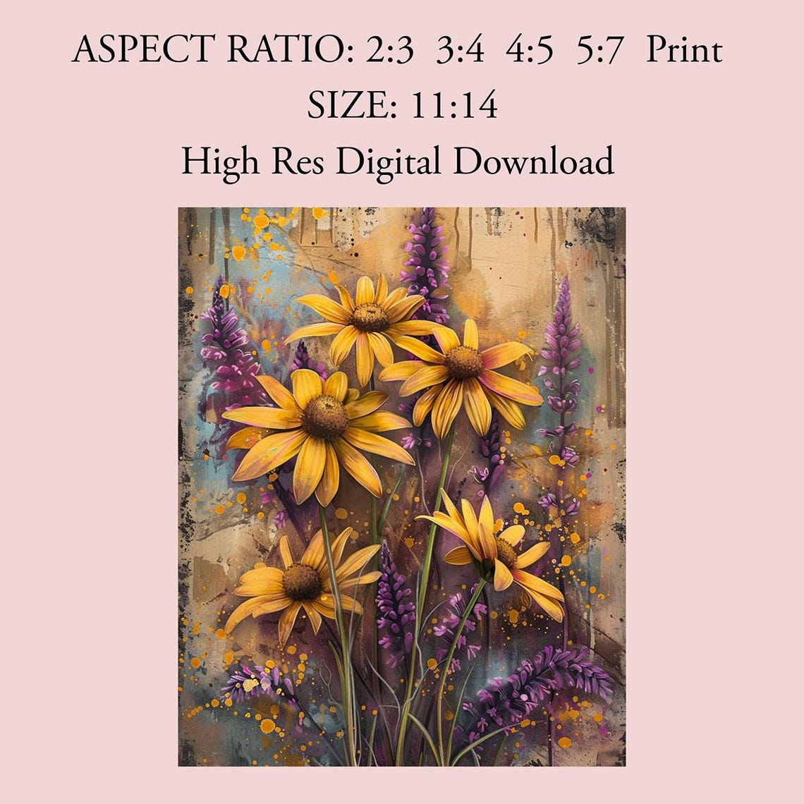 Sunflowers With Purple Lavender Rustic Watercolor Floral Poster - Image 3