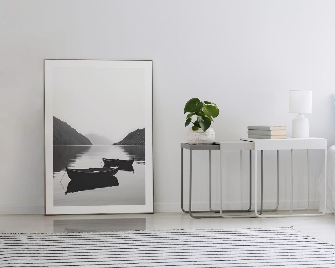 Two Rowboats on Misty Black and White Mountain Lake Art Poster - Image 2