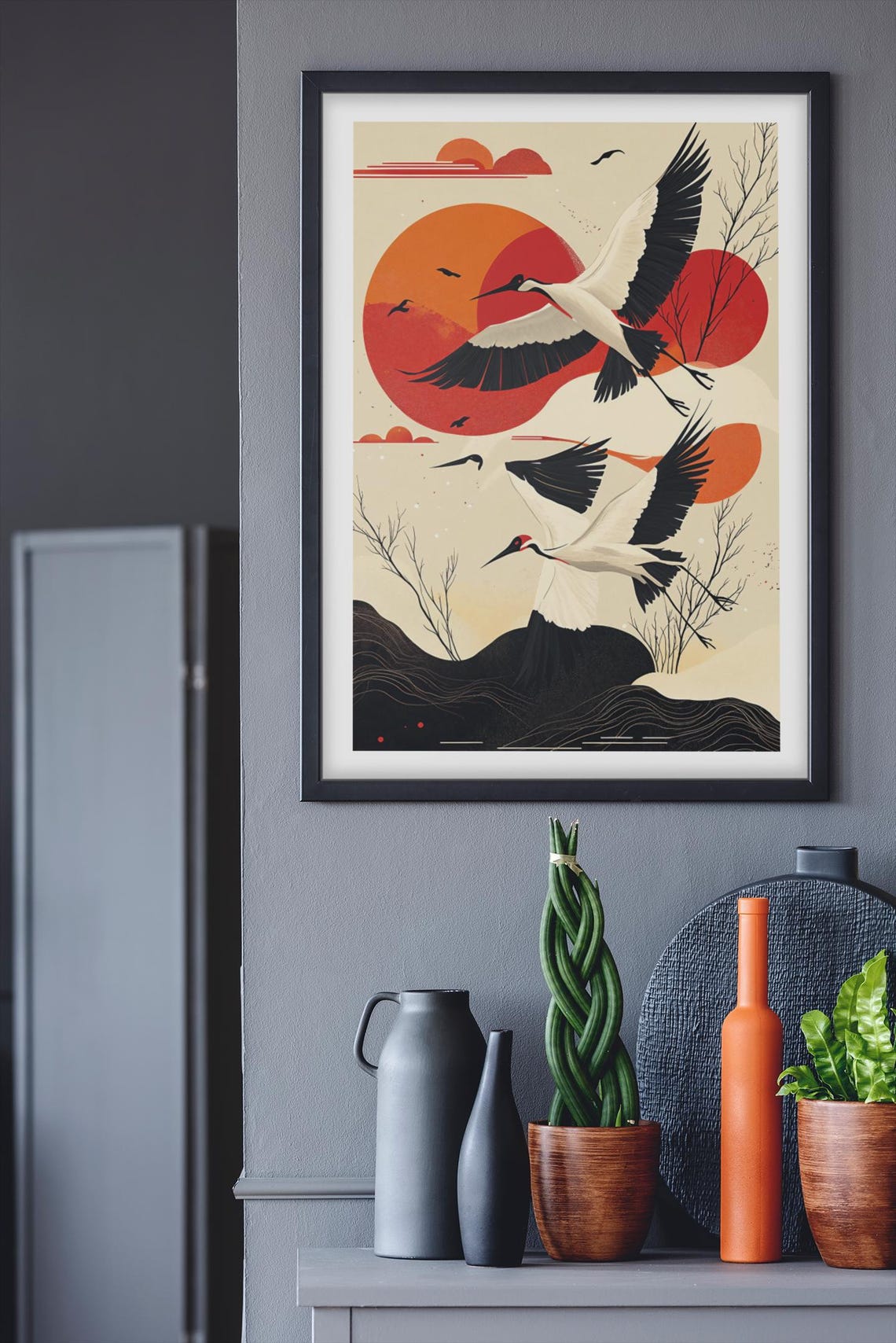 Flying Red Crowned Cranes Over Red Sun Japanese Style Poster - Image 4