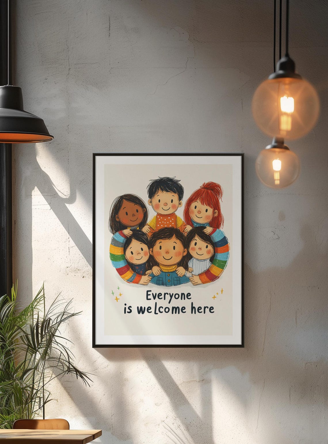 Everyone Is Welcome Here Diverse Kids Group Hug Nursery Poster