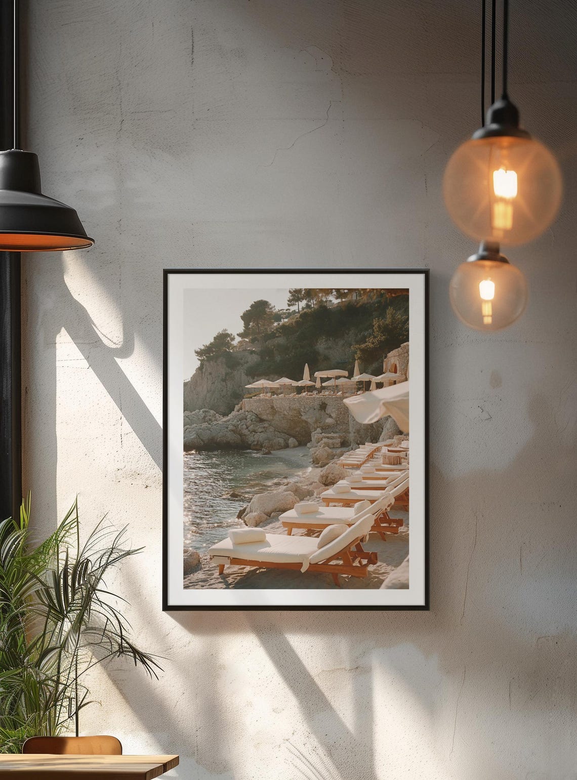 Golden Beach Sun Loungers Umbrellas Rocky Shore Summer Poster