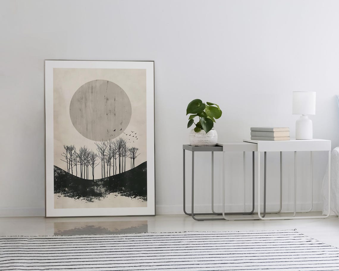 Minimalist Monochrome Sun And Bare Trees Landscape Art Poster - Image 2