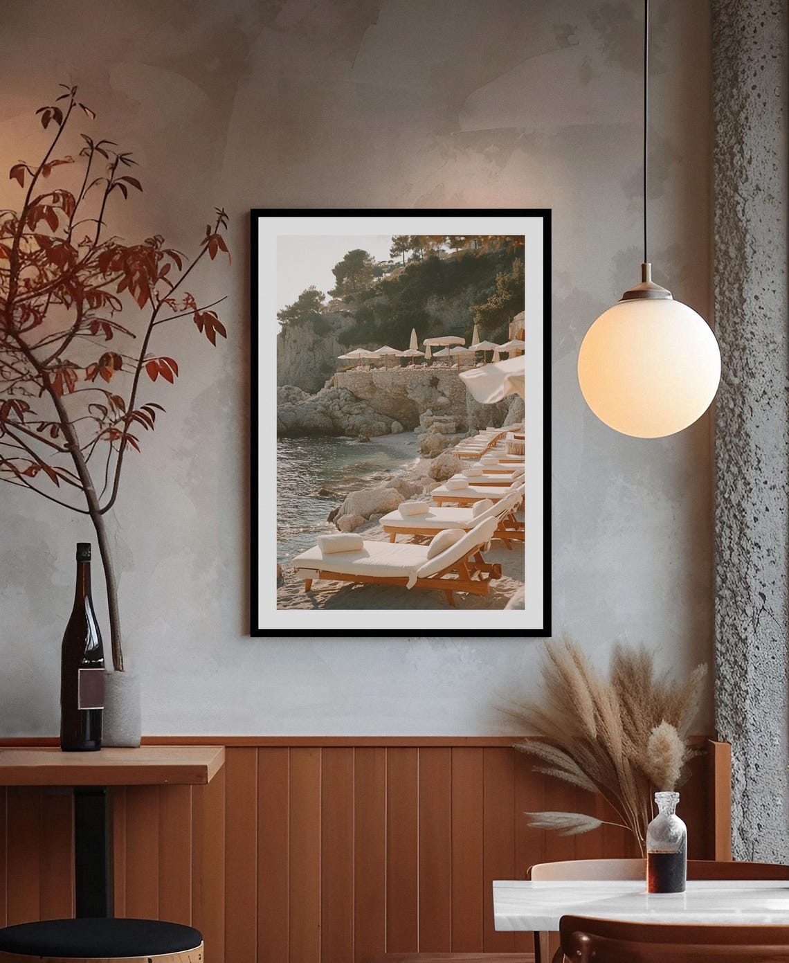 Golden Beach Sun Loungers Umbrellas Rocky Shore Summer Poster - Image 2