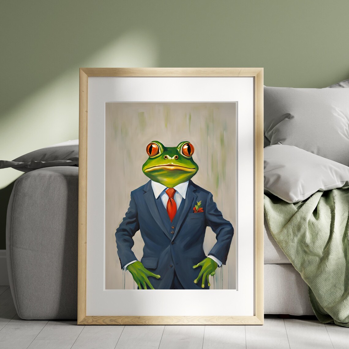 Funny Frog in Navy Suit and Red Tie Animal Portrait Humor Poster