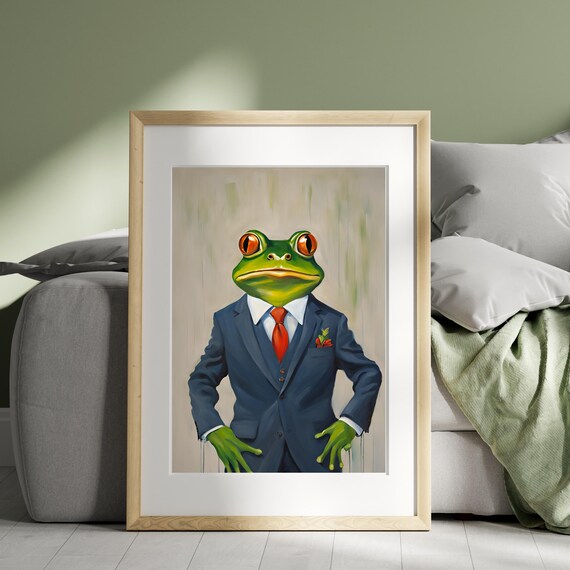 Funny Frog in Navy Suit and Red Tie Animal Portrait Humor Poster