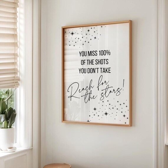 Motivational Art Reach For The Stars Inspirational Wall Art Typography Art Phrase Saying Art Decor