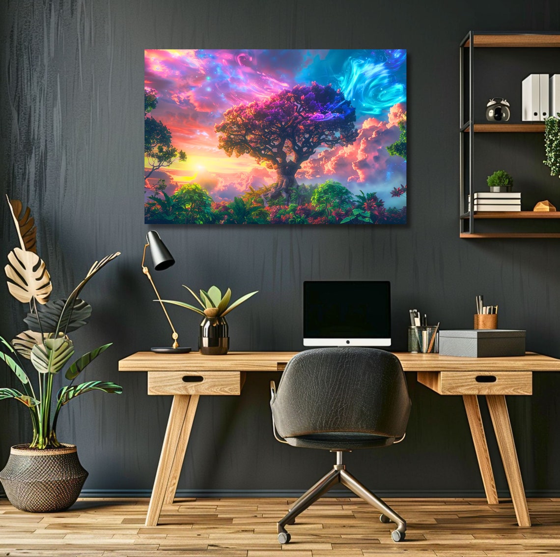 Neon Fantasy Tree Sunset Vibrant Cosmic Sky Nature Poster Art - Image 2