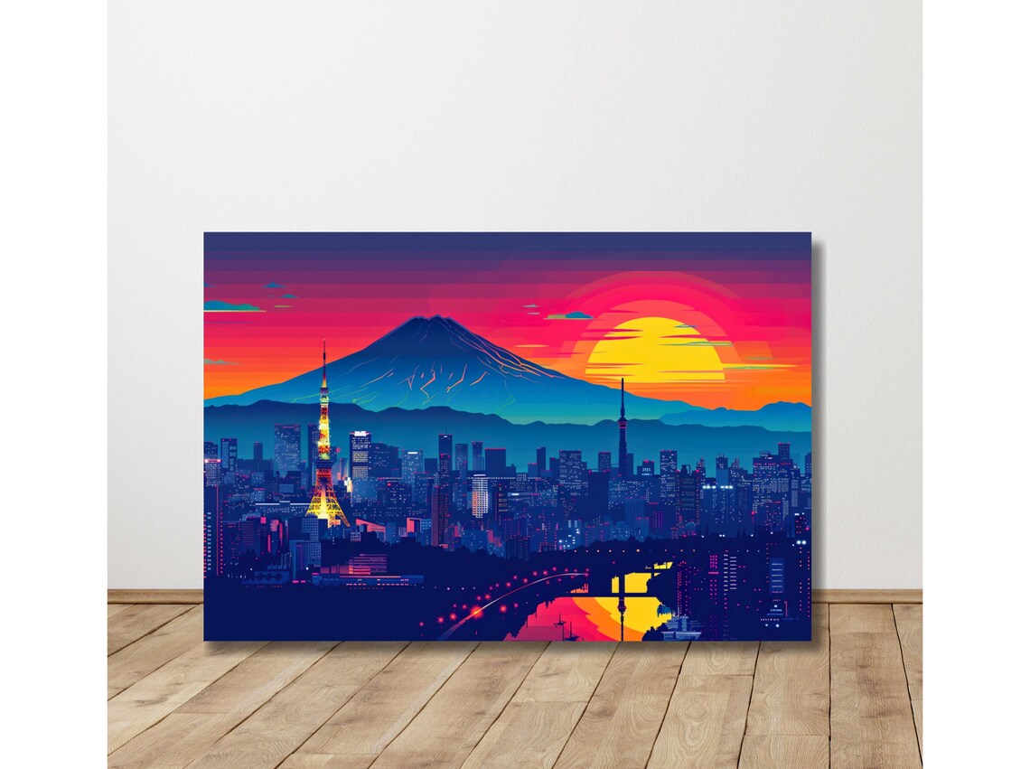 Tokyo Skyline Mount Fuji Sunset Neon Pop City Japan Travel Poster