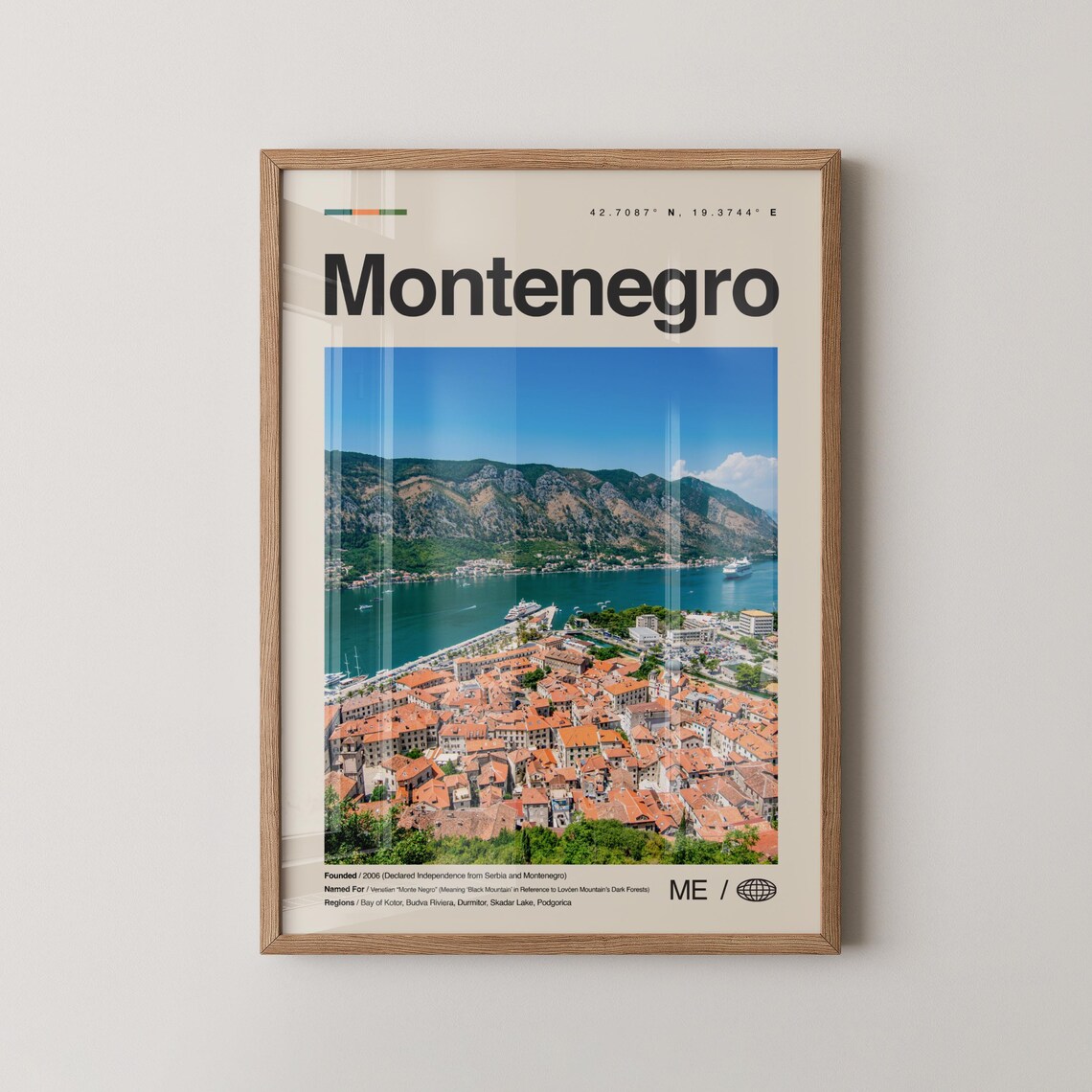 Montenegro Photo Travel Poster Kotor Bay Old Town Red Roofs Mountains Decor