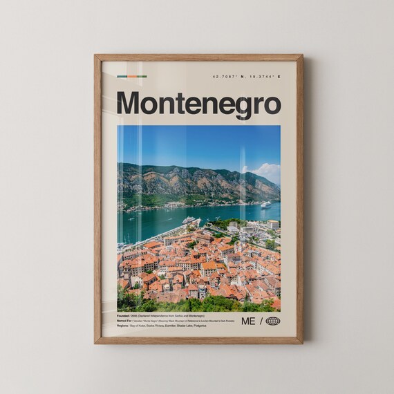 Montenegro Photo Travel Poster Kotor Bay Old Town Red Roofs Mountains Decor
