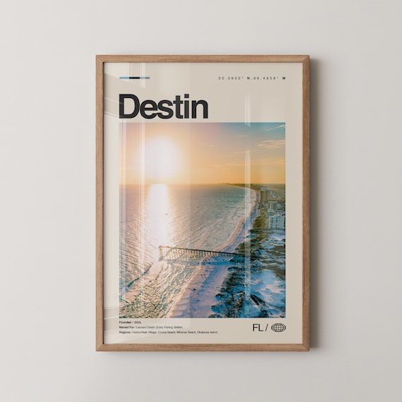 Destin Florida Sunrise Beach Pier Aerial Ocean Shore Travel Poster