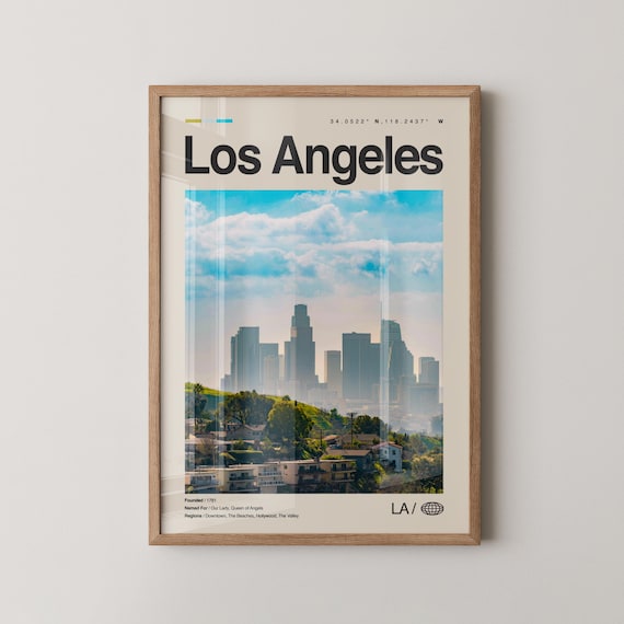 Los Angeles Downtown Skyline Hills Cityscape California Travel Poster