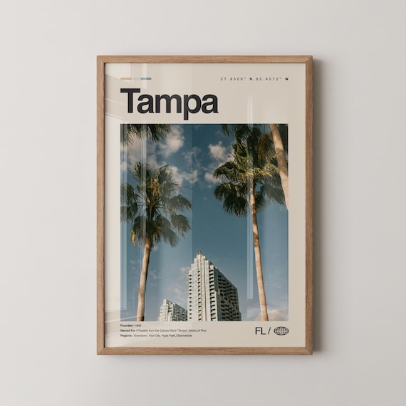 Tampa Florida Palm Trees Downtown Tower Vintage Travel Poster