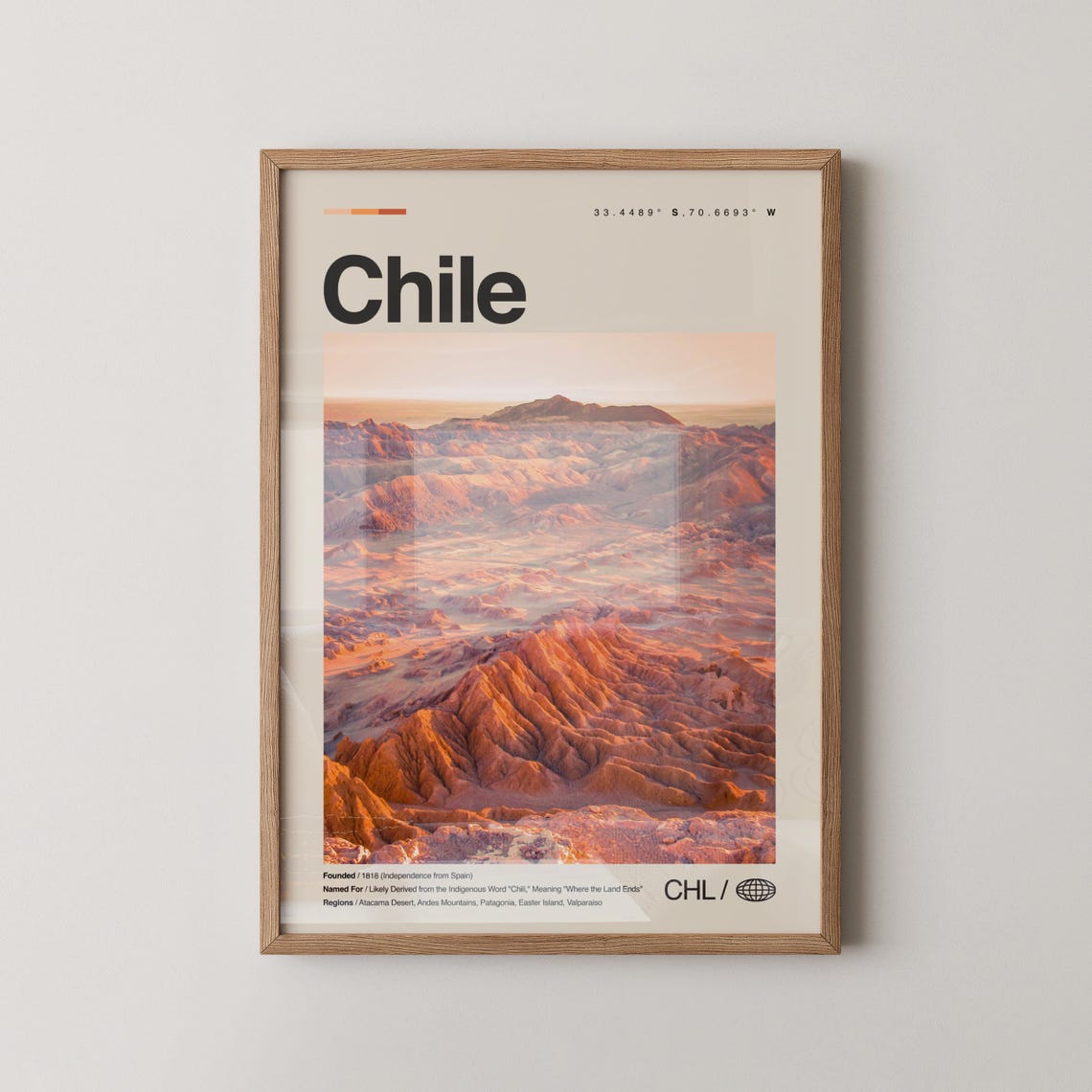 Chile Travel Poster with Atacama Desert Sunset Mountain Peaks
