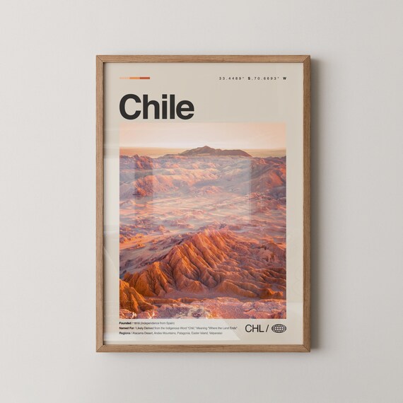 Chile Travel Poster with Atacama Desert Sunset Mountain Peaks
