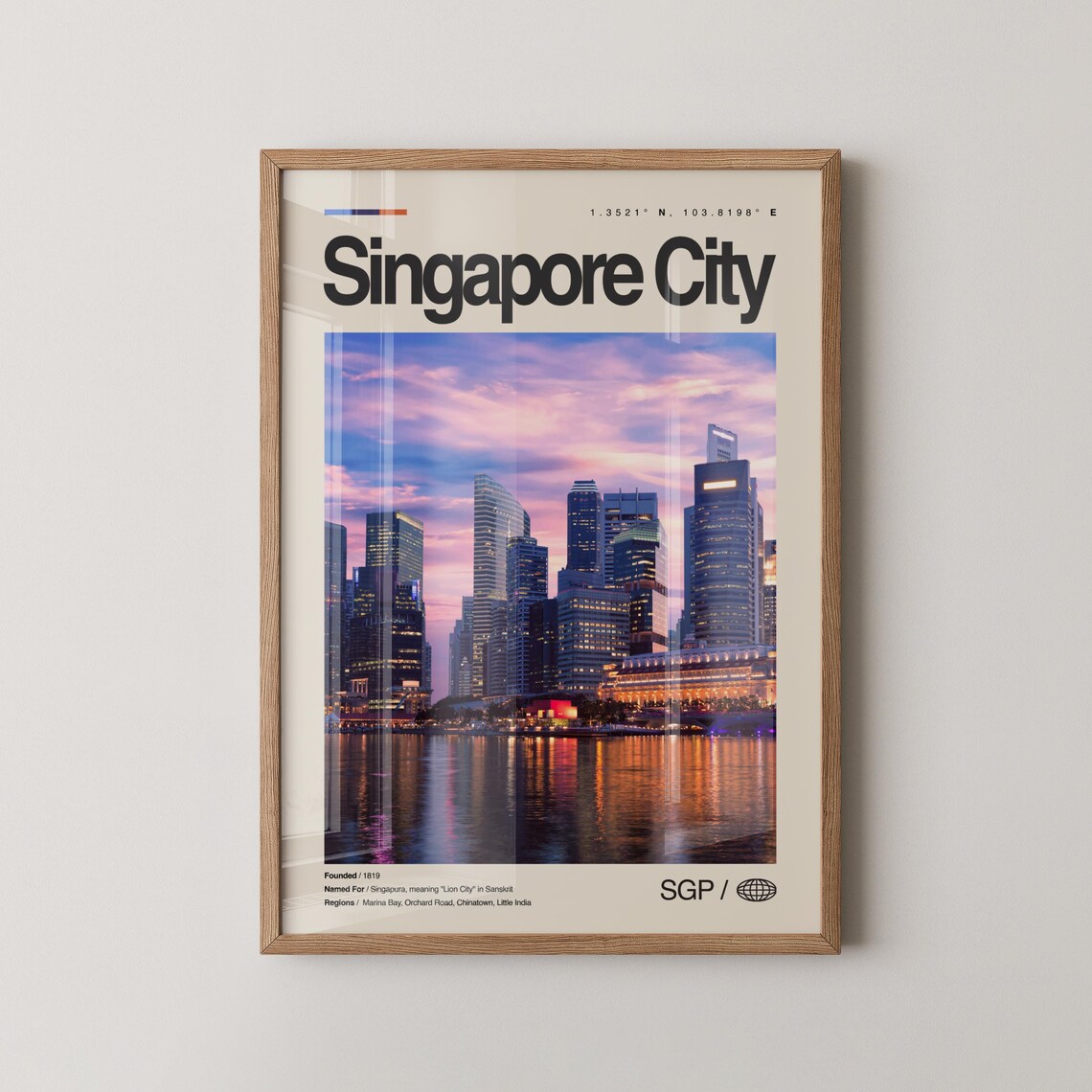 Singapore City Marina Bay Skyline at Dusk Sunset Travel Poster