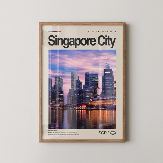 Singapore City Marina Bay Skyline at Dusk Sunset Travel Poster