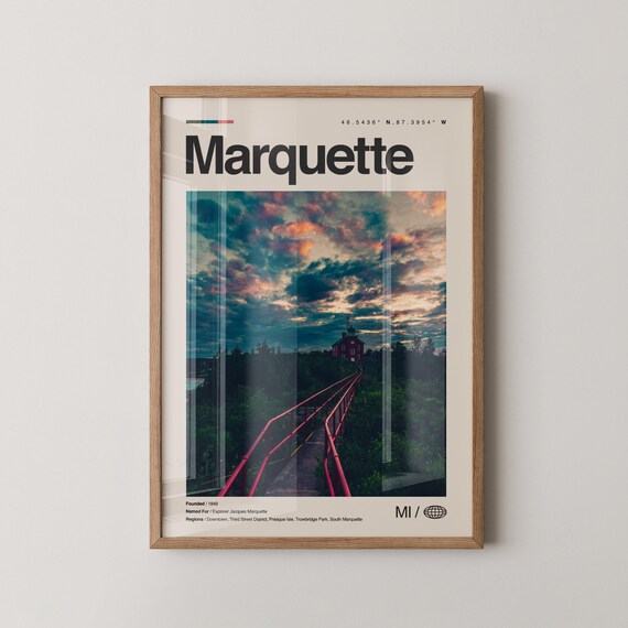 Marquette Print Real Photo Travel Art Poster Mid Century Minimal Wall Map Michigan