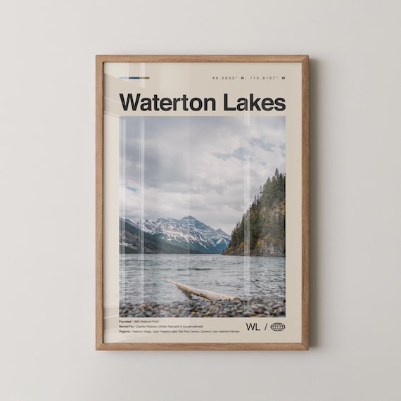 Waterton Lakes National Park Snowy Peaks Vintage Travel Poster