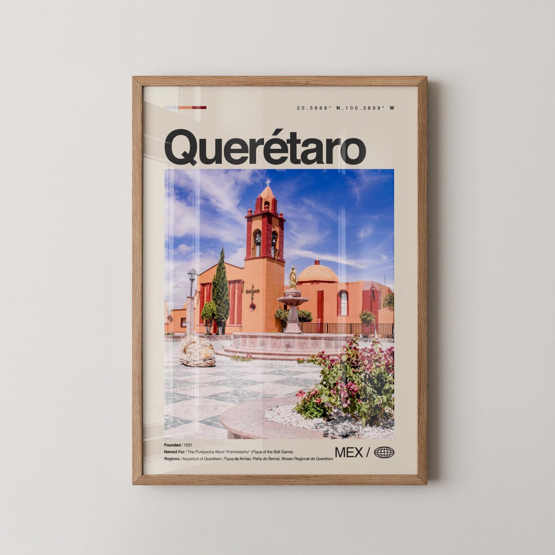 Queretaro Colonial Church Plaza Minimalist Mexico Travel Poster