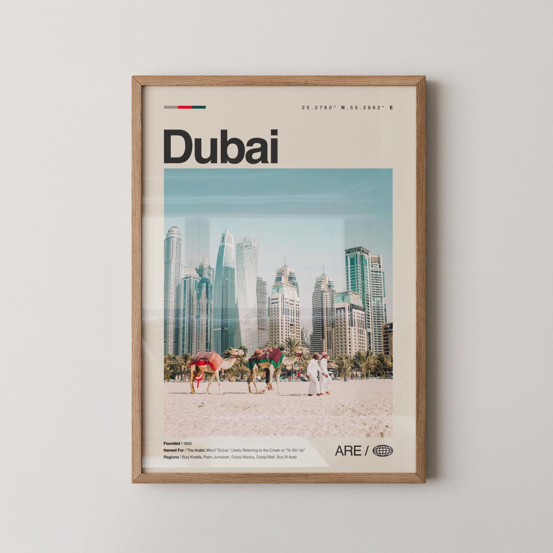 Dubai Beach Travel Poster Camels Skyscrapers Sandy Shore Photo Art