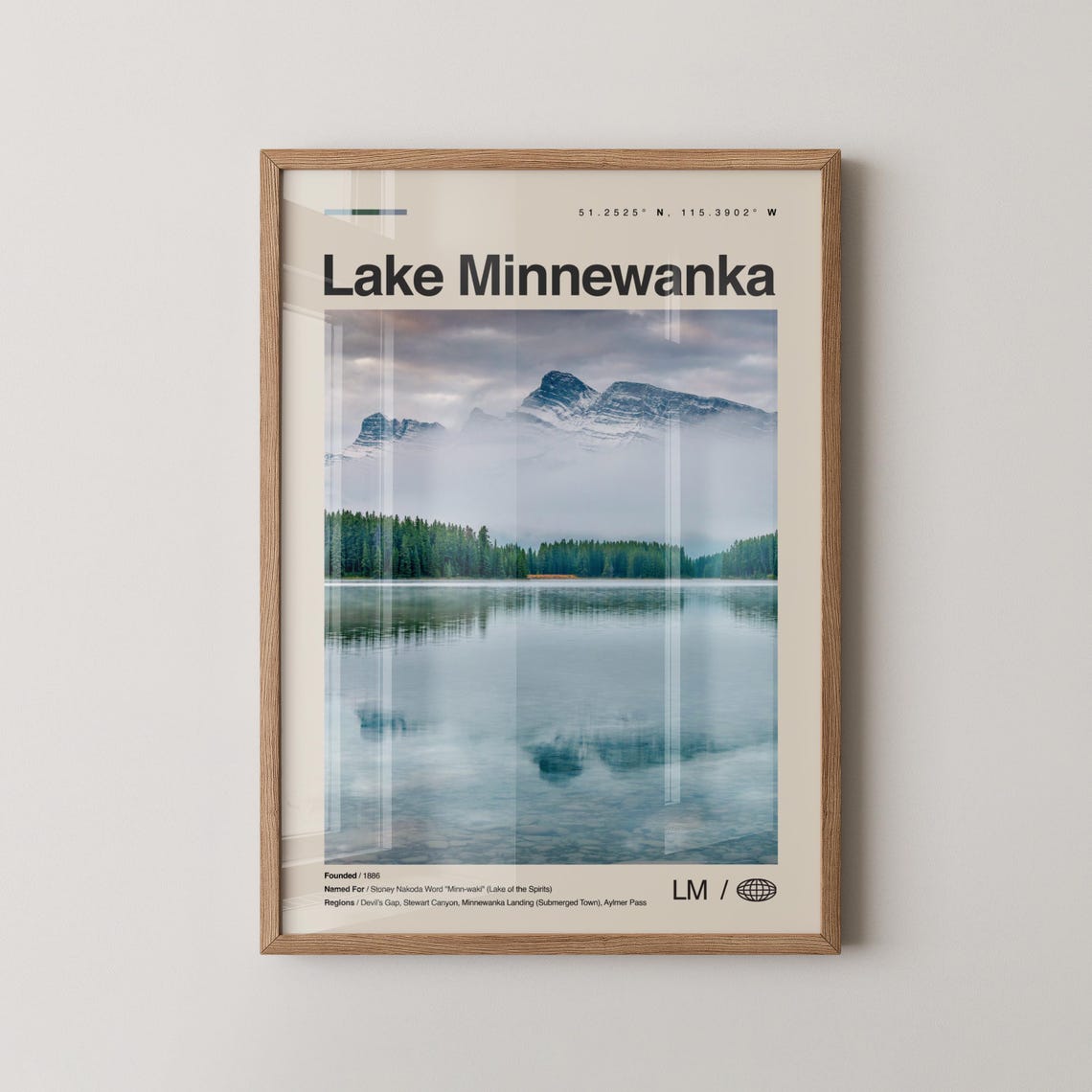 Lake Minnewanka Misty Mountains Minimalist Travel Photo Poster