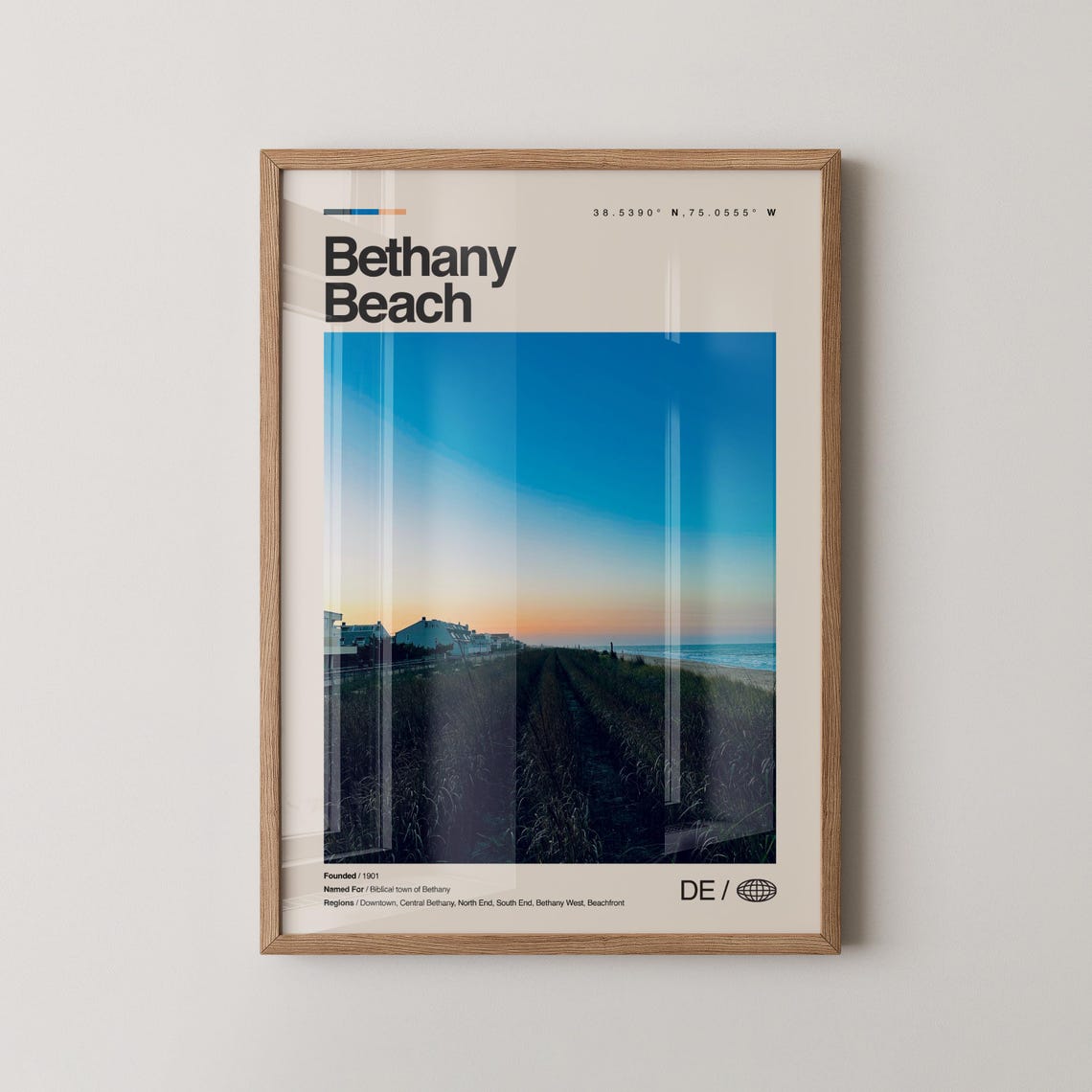 Bethany Beach Delaware Minimalist Sunrise Coordinates Travel Poster