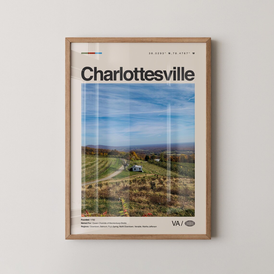 Charlottesville Print Real Photo Travel Art Poster Mid Century Minimal Wall Map Virginia