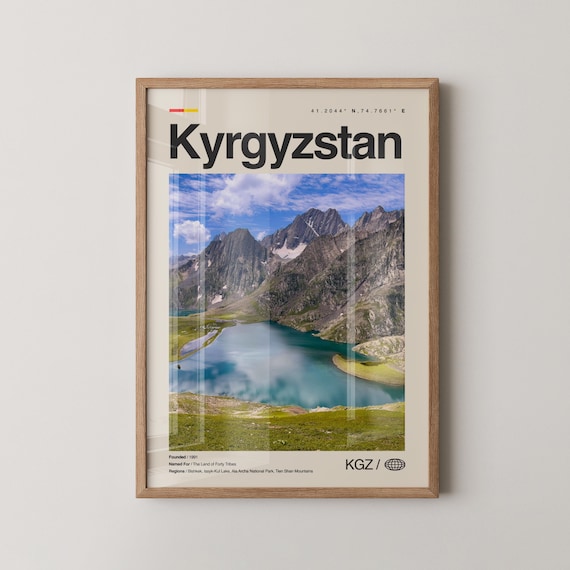 Kyrgyzstan Alpine Lake Mountain Landscape Framed Travel Poster