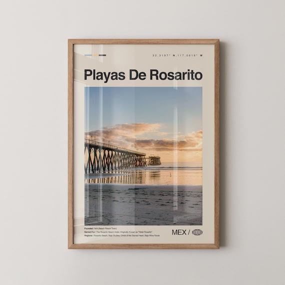 Playas de Rosarito Mexico Poster Beach Pier Sunset Baja Travel Decor